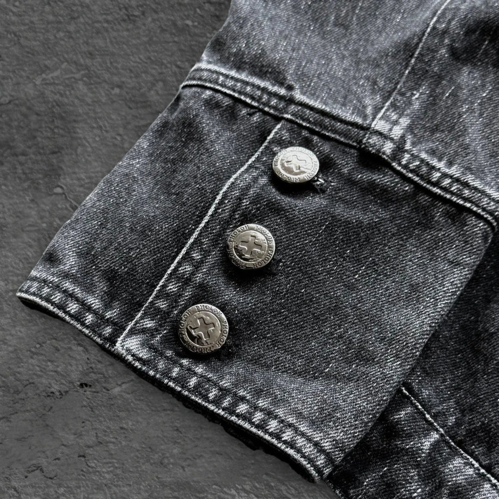 Gothic Motorcycle Denim Jacket Men American Retro Washed Multi Breasted Slim Fit Jacket Y2K High Street Unisex Punk Streetwear