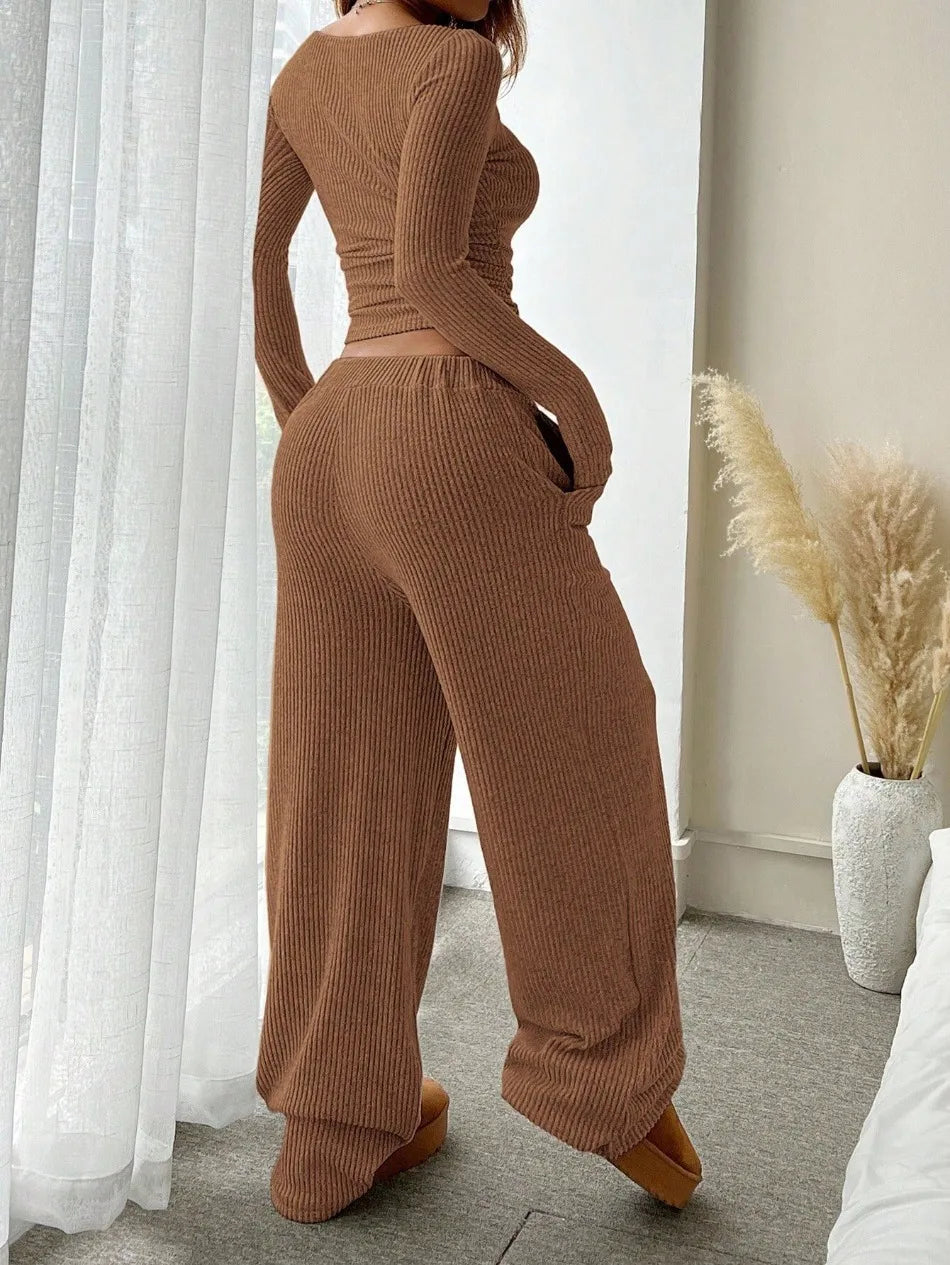 Solid Color Casual Loose Pants Sets for Women Elegant Women's Two Pieces Suit Full Trouser Set Female Outfit Clothes   Homewear