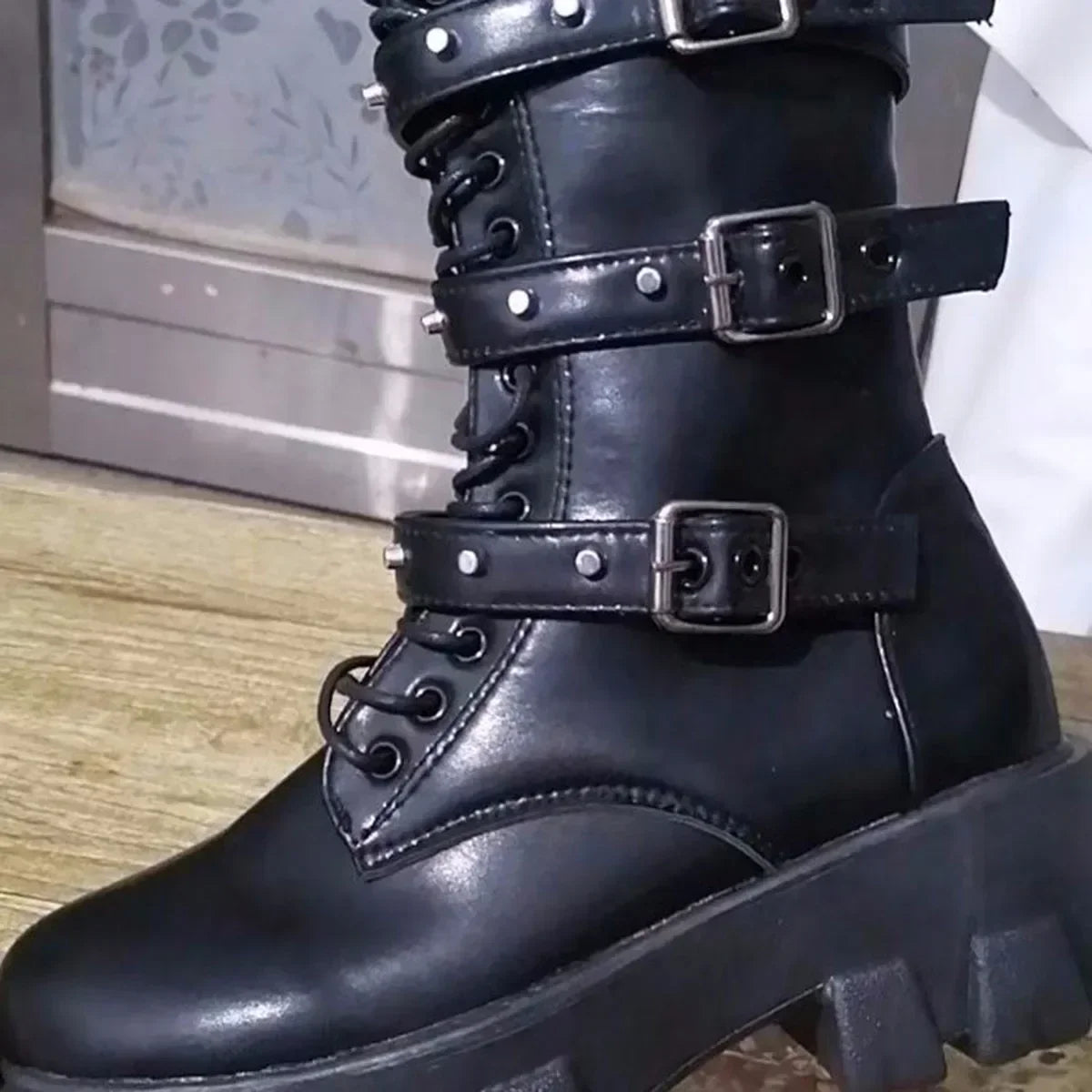 Woman Boots Winter New Pu Leather Platform Fashion Lace Up Punk Gothic Booties Casual Work Shoes Botines Mujer