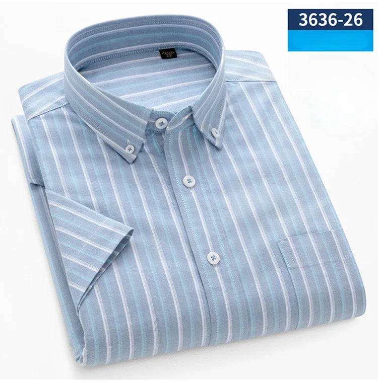 New In Shirt Summer 100%Cotton Short Sleeve Shirts for Men Slim Fit Formal Plain Shirt Designer Plaid Korean Popular Clothes