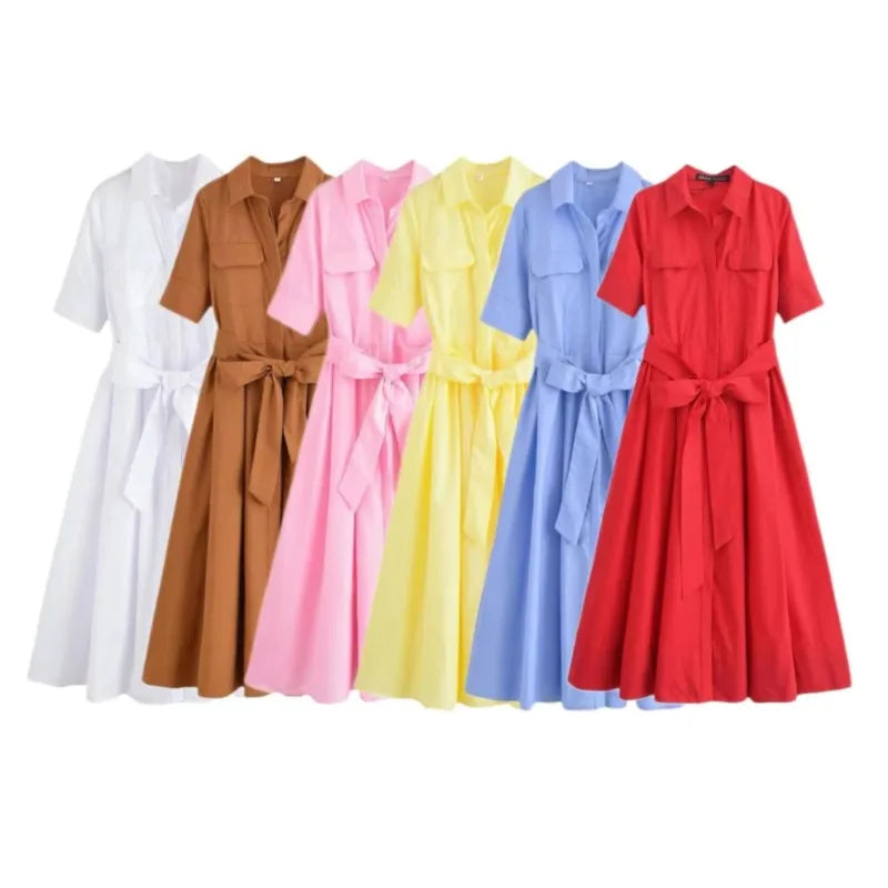 Women Long dress With Belt Spring Poplin Lady Short Sleeve Dress Pocket Women's Midi Dress Side Zipper Female Dresses