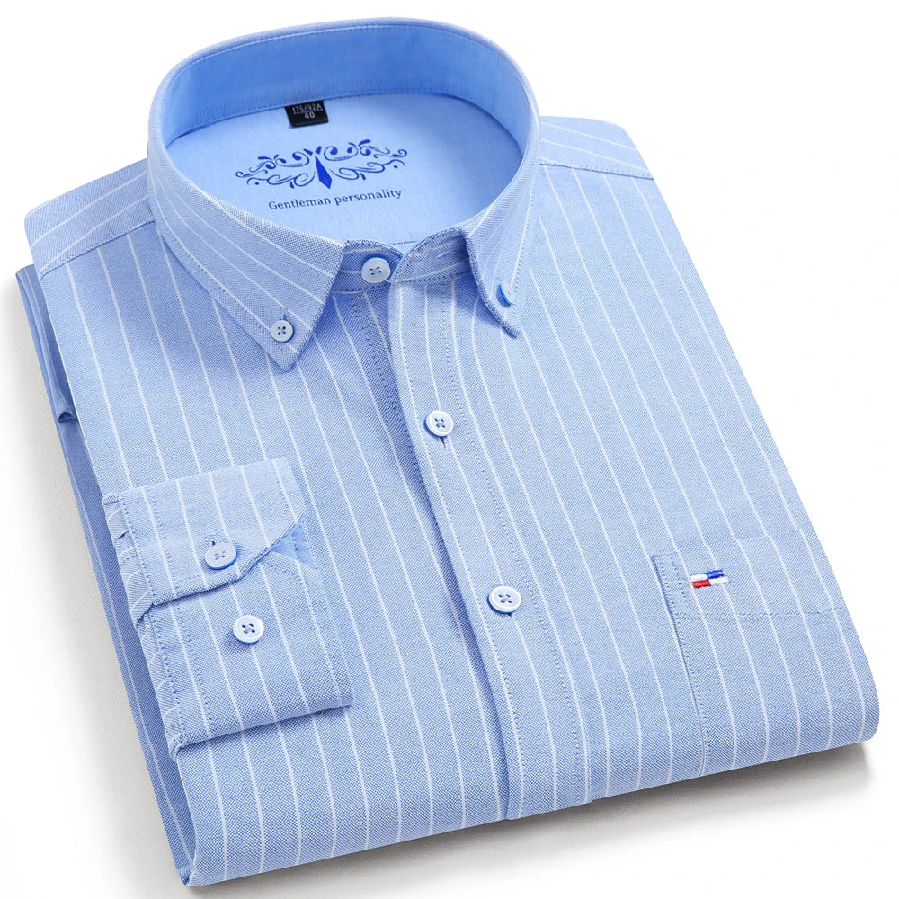 Men's 100% Cotton Breathable Oxford Fabric Dress Shirt, Plaid Striped Casual Long Sleeve, Button-Up with Collar and Chest Pocket