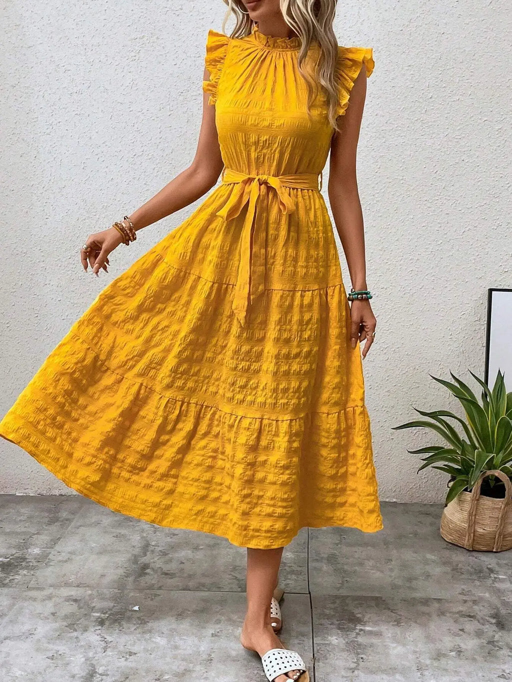 Elegant Women's Summer New Fashion Wooden Ear Edge Flying Sleeve Lace Up Texture Dress Purple  Sleeveless Lace Up Long Dresses