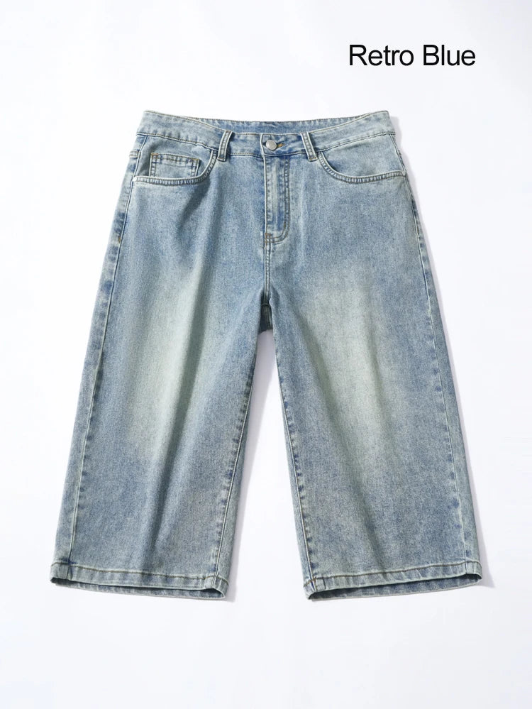 Summer men's six inch shorts over the knee thin straight tube minimalist elastic denim shorts Baggy Jeans Shorts for Men  3/4