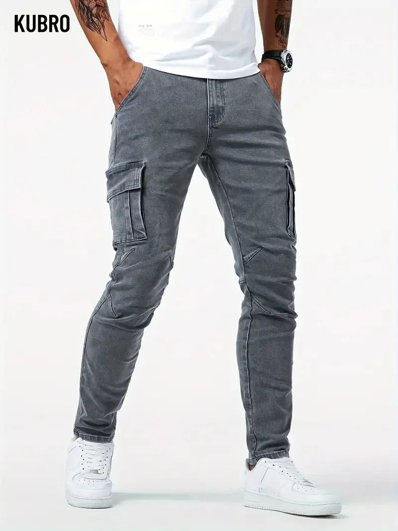 Street Elastic Jeans Men Denim Cargo Pants Wash Solid Color Multi Pockets Casual Mid Waist Trousers Slim Fit Daily Wear Joggers