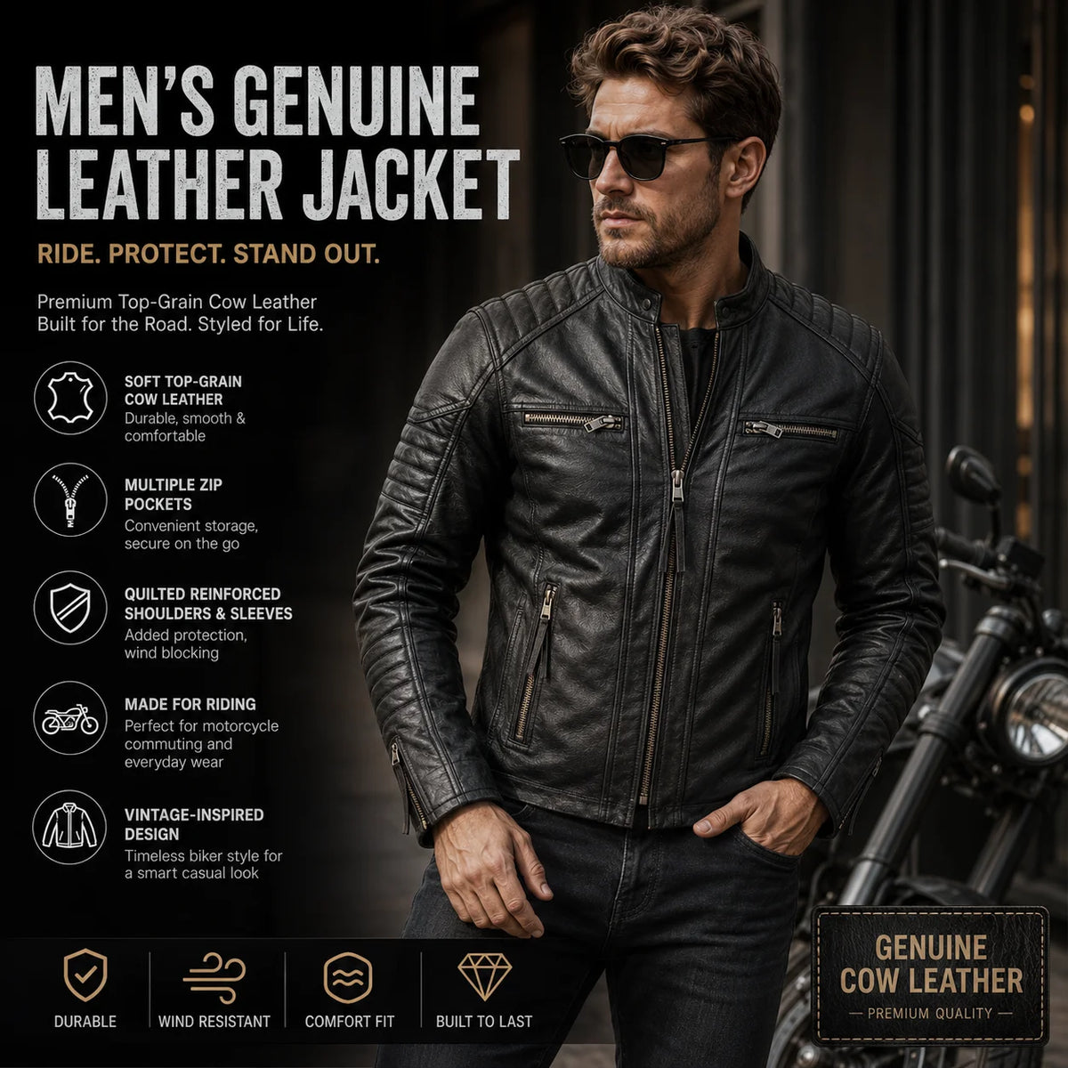 New Motorcycle Causal Vintage Leather Coat Men Autumn Outfit Fashion Biker Pocket Design Top Layer Cow Leather Jacket