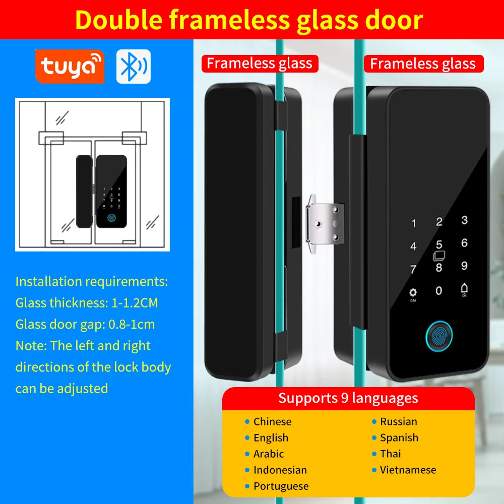 Multifunctional Smart Glass Door Lock Electronic Digit Biometric Fingerprint Tuya App Key Electric Smart Life Digital Door Lock