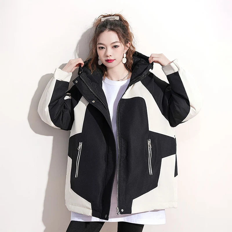 Black and White Patchwork Women Autumn Hiking Jacket Winter Winderproof Warm Hooded Coat Korean Zip Up Streetwear Couple Jackets