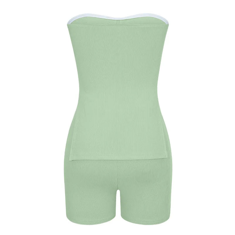 Sexy Solid Slim Suit For Women Fashion Strapless Side Split Top Elastic Waist Package Hip Shorts Two Piece Set 2026 Summer New