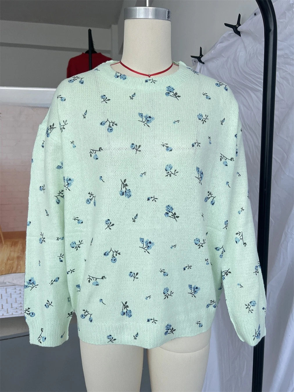 Women's Cream White Floral Print Longline Knit Sweater Crew Neck Relaxed Fit Cardigan with Flowers Fall Winter Boho Chic