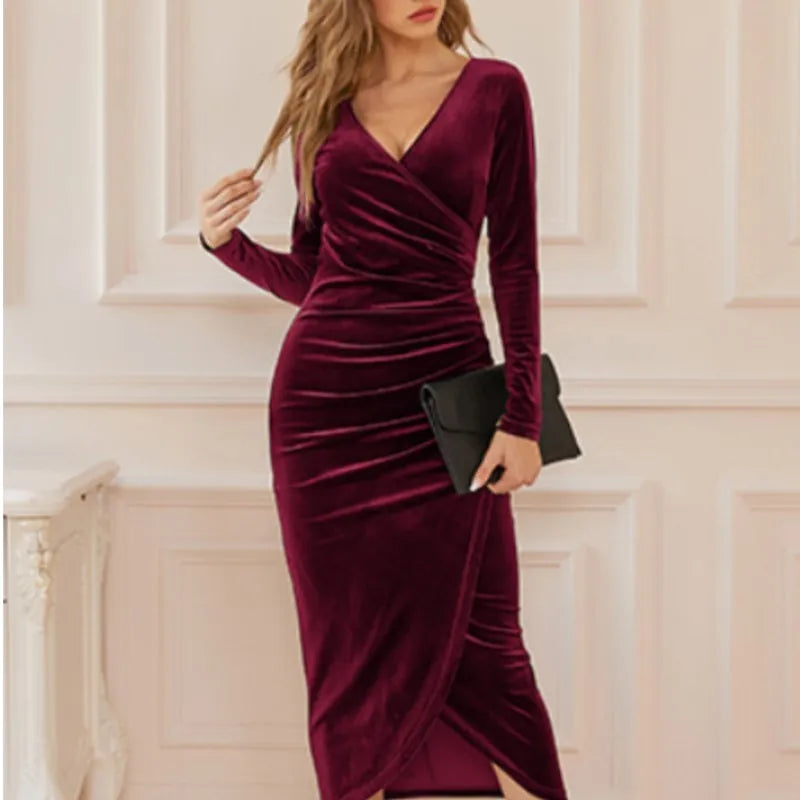 Sexy Woman Solid Color Long Sleeved Party Club Vestidos Autumn Fashion Women's V-neck Bag Hip Irregular Medium Long Dresses