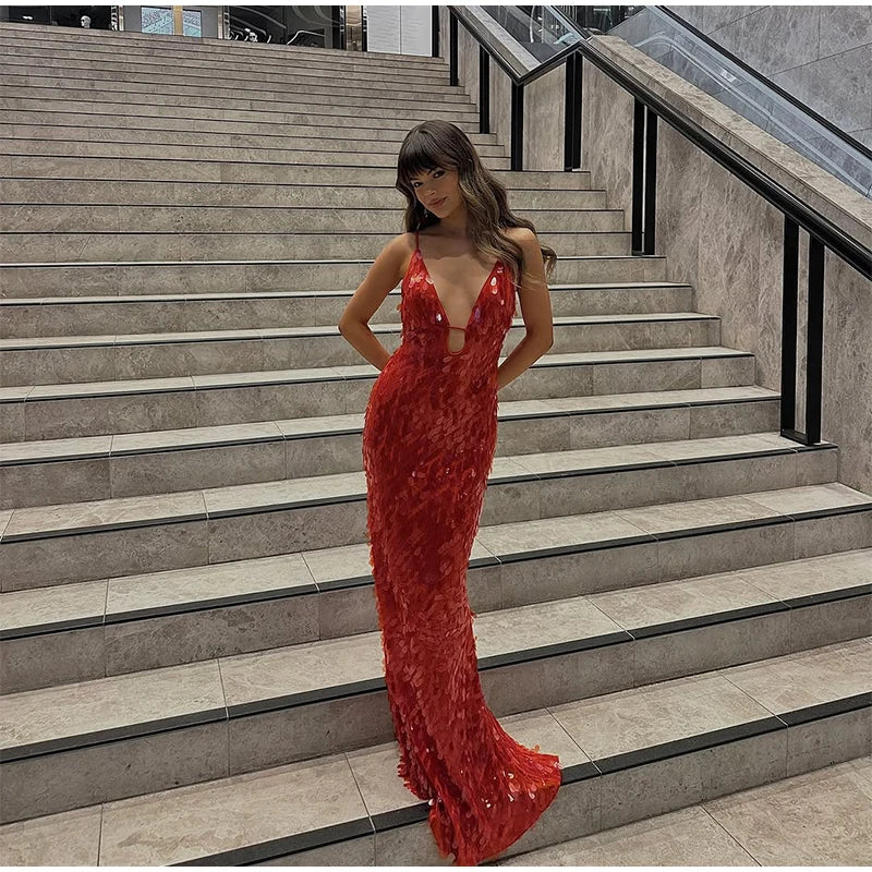 Women Sequin Sling Maxi Dress V-neck Solid Backless High Waist Sleeveless Dresses 2025 Fashion New Summer Lady Party Robes