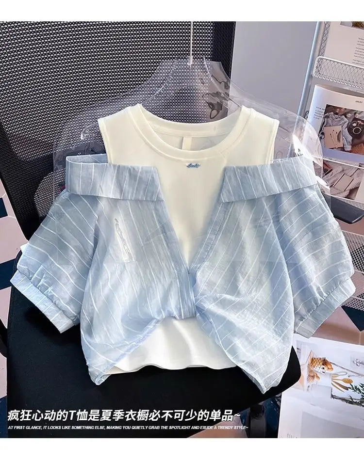 Girls' Western Style Loose Fitting Shirt 2026 New Children's Off Shoulder Top T-Shirt Fake Two-Piece Top