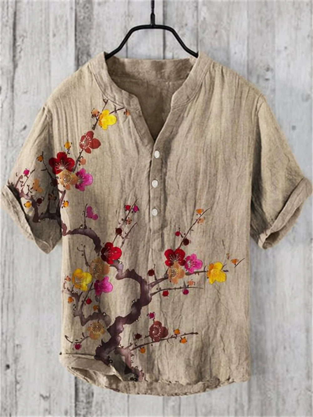 2024 New Men's Shirt Japanese Vintage Art Print Linen Short Sleeved Shirt Hawaiian Style Button Henry Neck Shirt