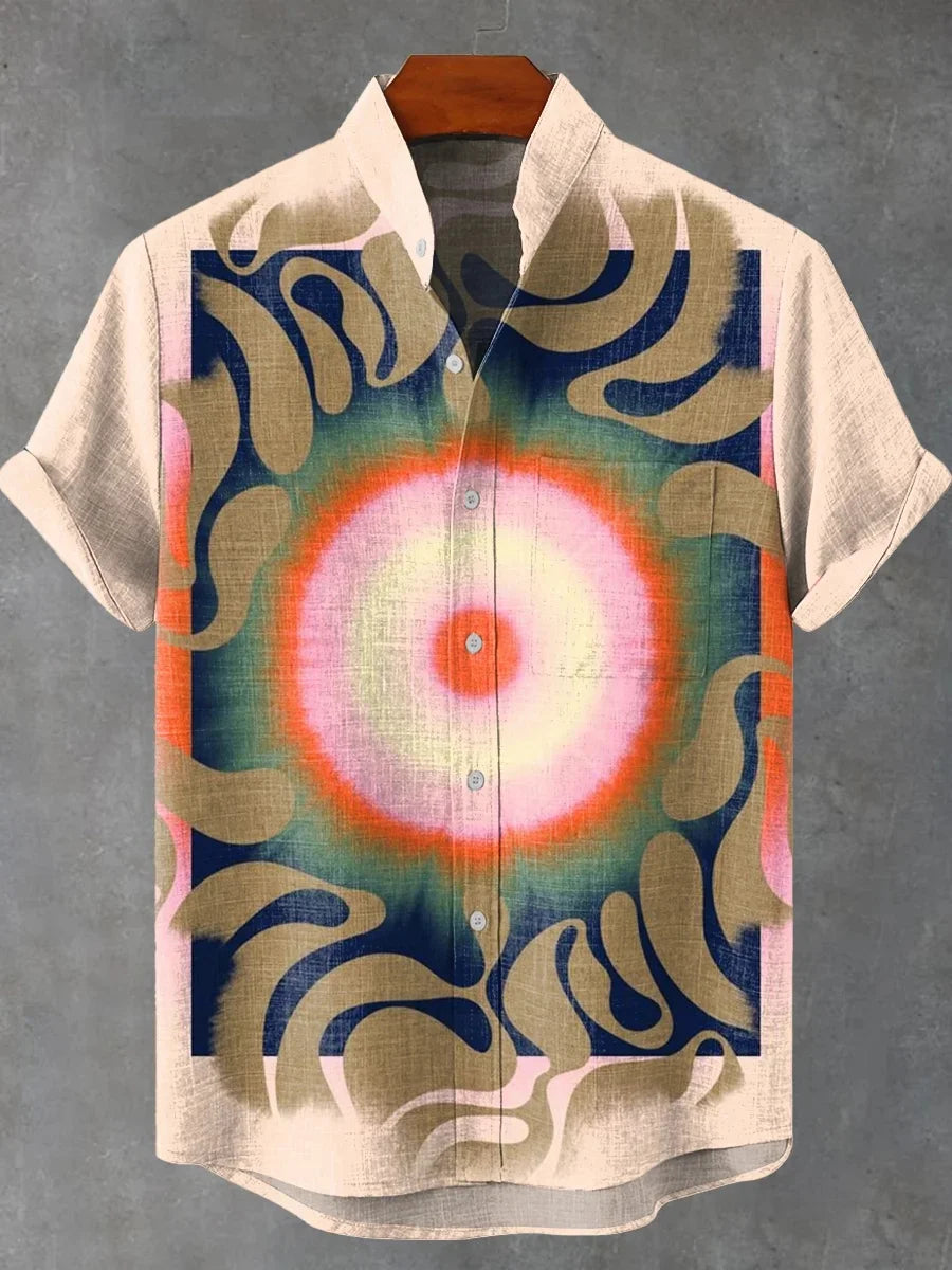 New Retro Tribal Totem Pattern Printing men's New Linen Comfortable Fabric short-sleeved Shirt Tribal Ethnic Style Fast Delivery