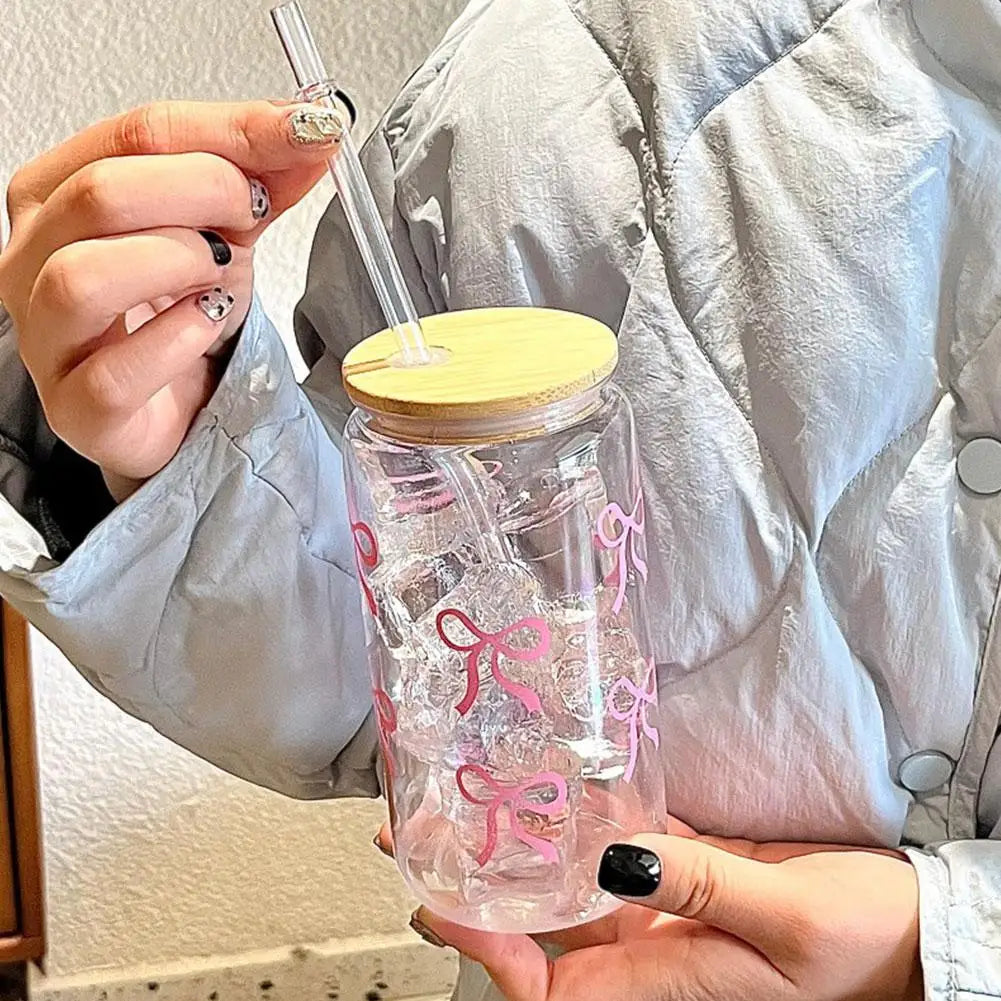 500ml Pink Bow Plastic Cups With Lids And Straws Reusable Bow Aesthetic Cup For Drinking Coffee Tea Cocktail For Party Support