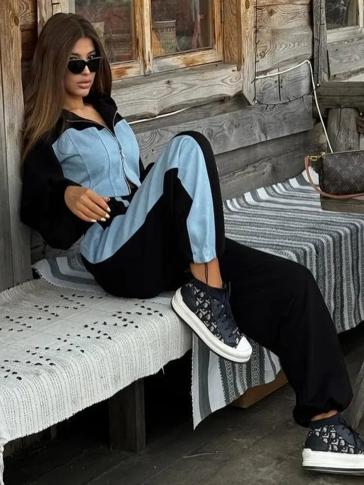 Hoodie Patchwork Denim 2 Piece Sets Women Outfit Slim Hoodies Crop Top Wide Leg Sweatpants Suit Streetwear Casual Tracksuits