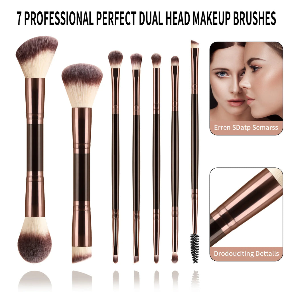 7 double-ended makeup brushes, loose powder brush, foundation brush, eyeshadow brush, eyebrow brush, soft hair beauty tool.
