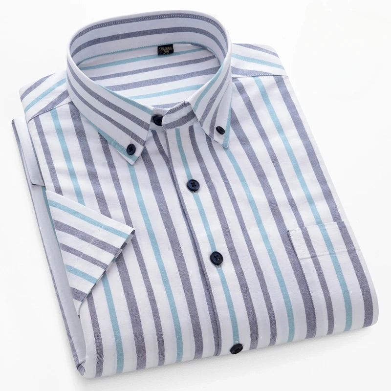 New In Shirt Summer 100%Cotton Short Sleeve Shirts for Men Slim Fit Formal Plain Shirt Designer Plaid Korean Popular Clothes