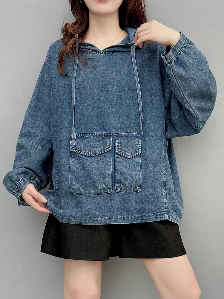 Amax LuluE Designer Winter Fashion Clothes Womens Loose Hooded Denim Hoodies Ladies Classic Oversized Vintage Casual Sweatshirts