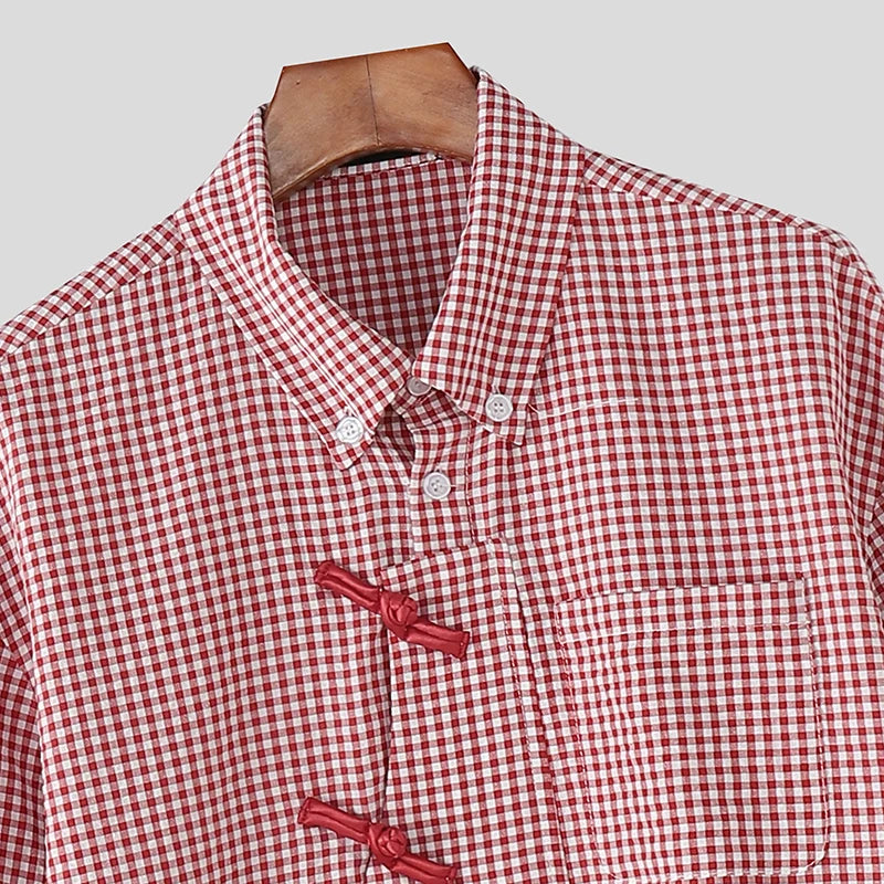 INCERUN Men Plaid Shirt Lapel Long Sleeve Patchwork Loose Men Clothing Streetwear 2026 Spring Fashion Casual Tops Male Shirts