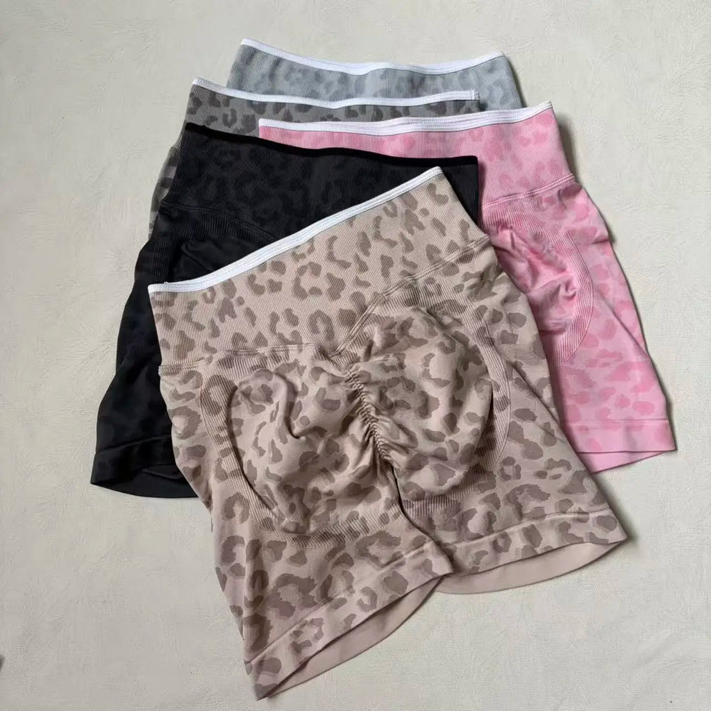 High Waist Leopard  Print  Sculpt Scrunch Shorts for Women Quick-Drying Sexy Peach Yoga PantsFitness Three-Point Design
