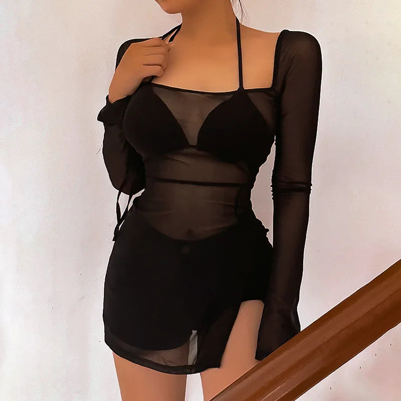 Women's Square Collar Mini Dress Y2K Gauze Long Sleeve Sheer Sexy Night Outfit Clubwear Solid Color