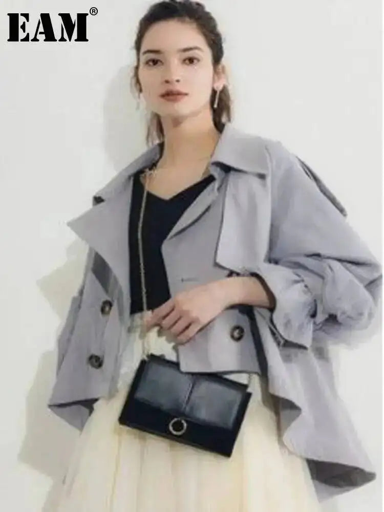 EAM Japanese Style Turn-Down Collar Double Breasted High-Low Hem Cropped Trench Coat Women's Jacket 2026 Autumn New