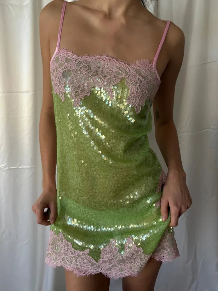 Sequin Lace Trim Patchwork Dress Women Chic Sleeveless High Waist Suspenders Sling Short Dresses 2026 Sexy Party Club Outfits