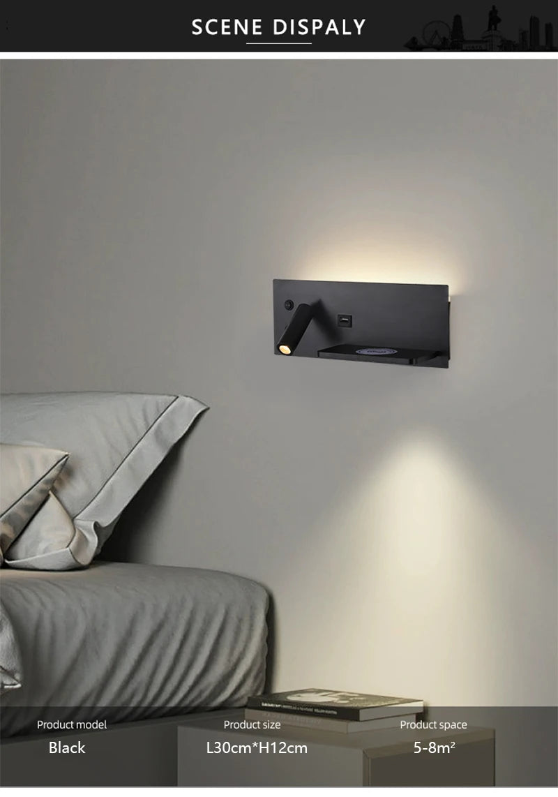 Multi functional wall lamp with switch, USB interface, LED mobile phone wireless charger, reading wall lamp, bedroom night light