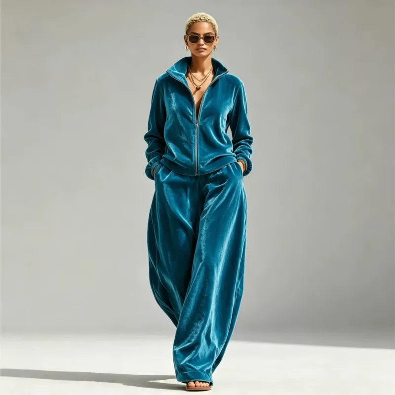 Autumn Winter Warm Gold Velvet Two Piece Set Women's Fashion Solid Zipper Open Coat With Wide Leg Pants Set Ladies Office Outfit