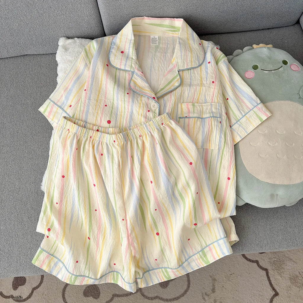 Summer 2026 New Short-Sleeved Shorts Pajamas Women's Cartoon Cute Girl Cardigan Set Ladies Sleepwear Breathable Homewear
