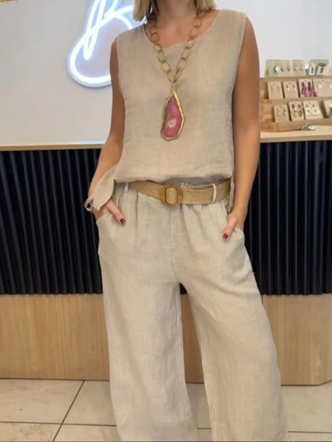 Summer Fashion Retro Casual Solid Color Cotton Linen Suit Women's Sexy O-neck Sleeveless Vest + Trousers Suit Two-piece Suit