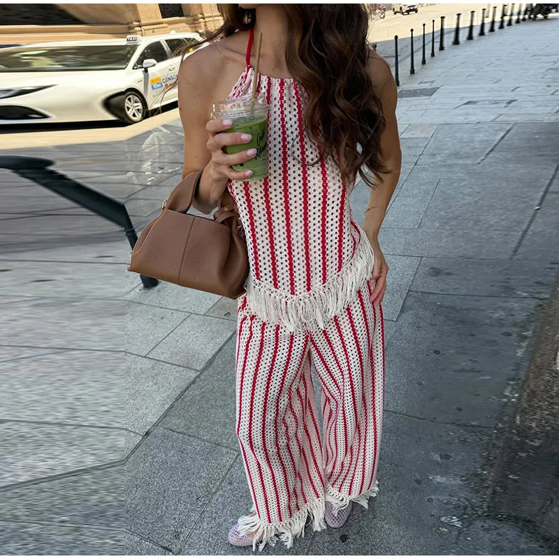 Halter Vertical Striped Fringe Two Piece Set Sleeveless Tank Top Loose Wide Leg Pants Women 2026 Summer Holiday Beach Chic Suit