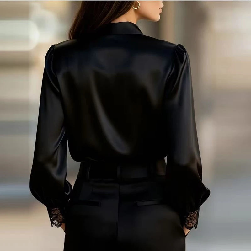 Fashion Women Long Sleeve Silk Shirt Black Turn Down Collar Button Blouse Women Office Tops Mesh See Through Sleeve Satin Shirt