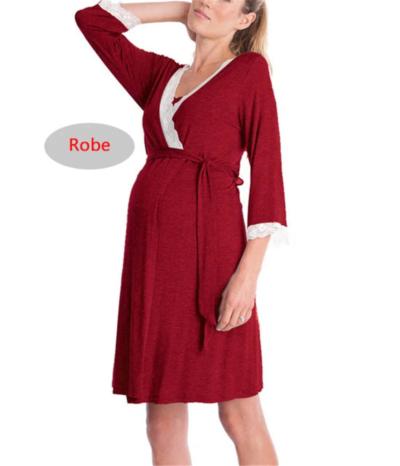 Maternity Robe Nightgown Pregnant Women Nursing Nightwear Lace Sleepwear With Adjustable Belt Pajama Dress Pregnancy Clothes