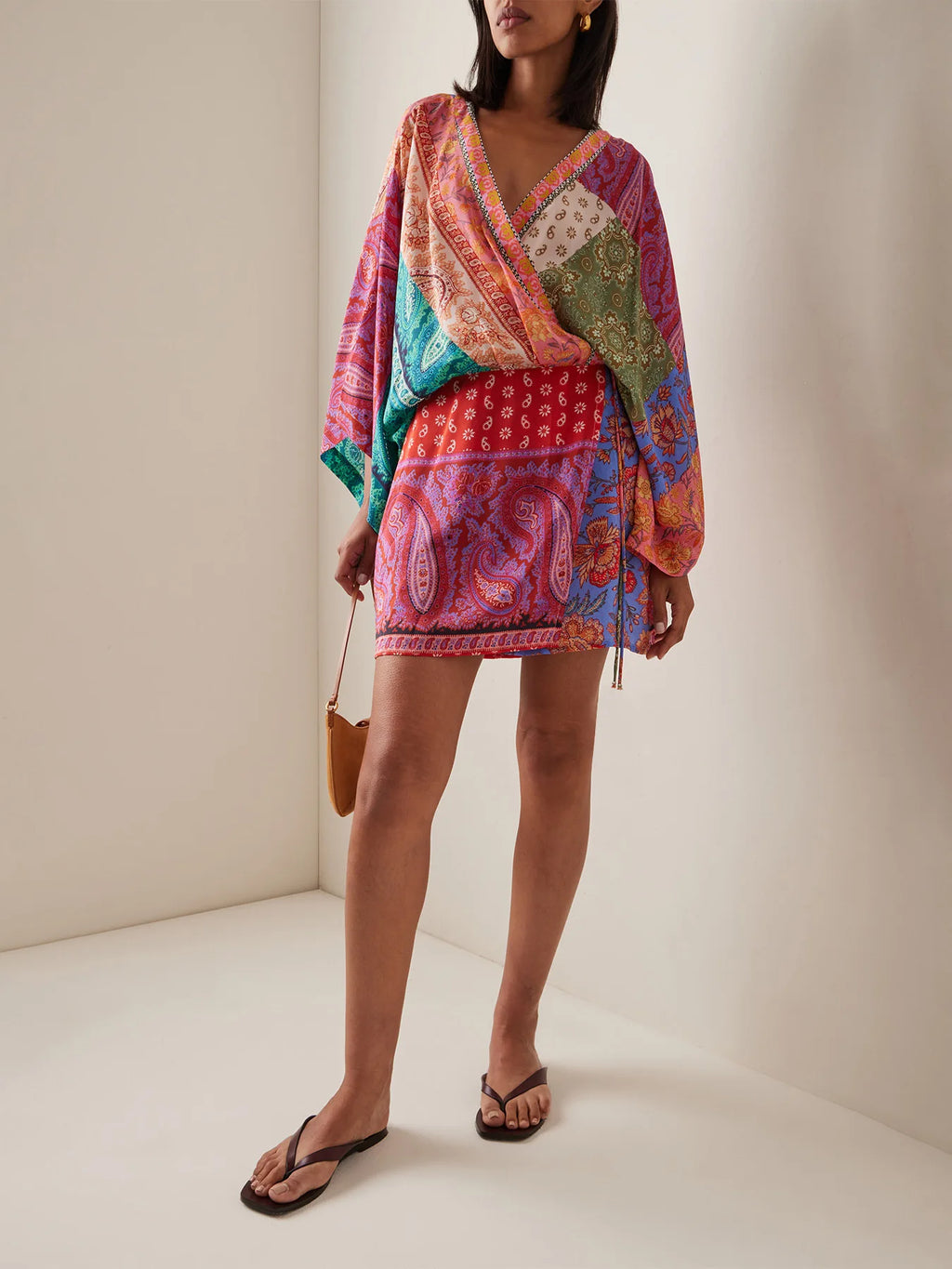 Women Bohemian Wrap Dress, V Neck Lantern Sleeve Paisley Print Tie Waist Mini Dress For Beach Travel Vacation`