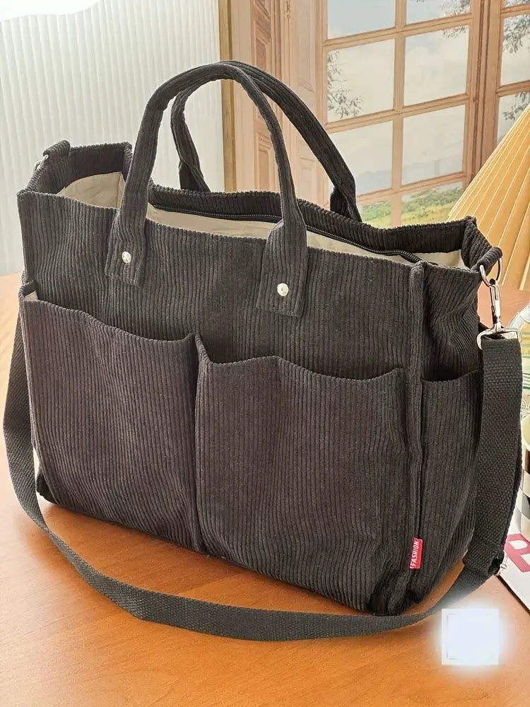 Corduroy Crossbody Tote Bag Stylish Commuter Shoulder Bag with Multiple Spacious Pockets Handbag for Women