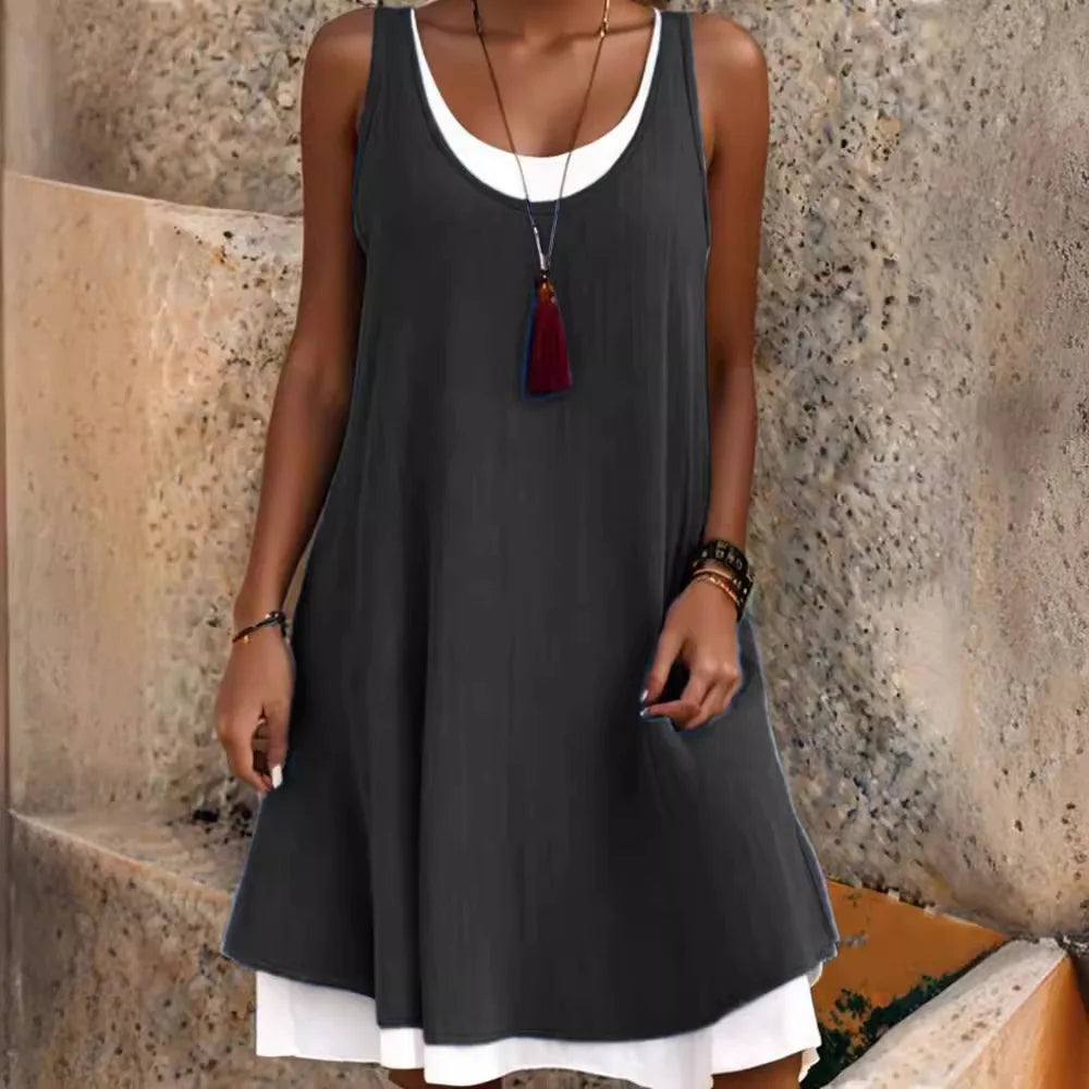 Ladies' Casual Sleeveless Design With A Fake Two Piece Loose Dress Summer Fashion Simple Sleeveless Round Neck Dress For Women