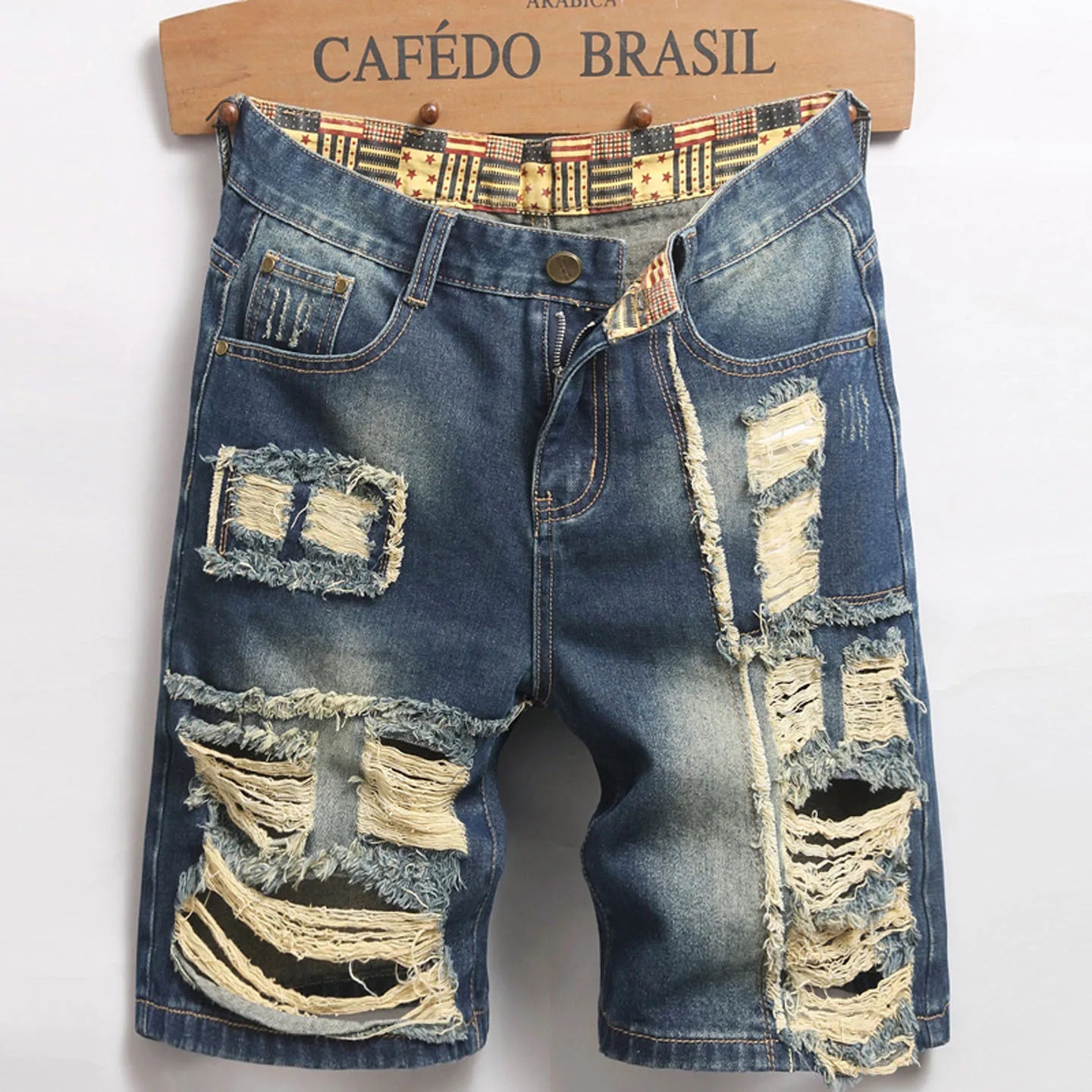 Men's Casual Spring/Summer Denim Shorts - Distressed Denim Shorts with Frayed Edges and Patchwork Details, Fashionable Street-St