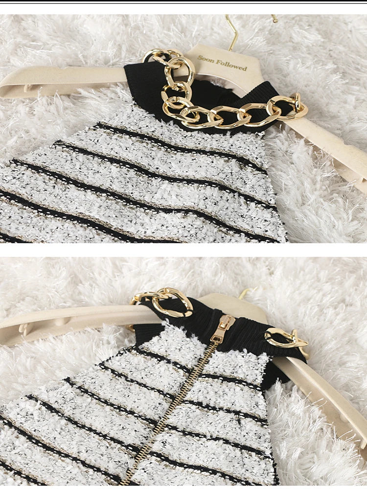 HIGH STREET Newest 2026 Designer Fashion Halter Neck Metal Chain Sleeveless Knit Striped Dress