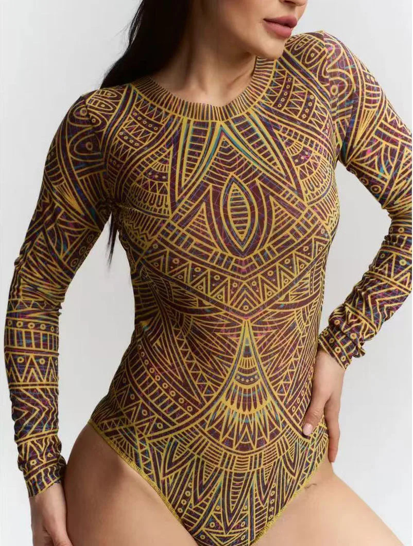 NEW Print Patchwork Sports Swimsuit for Women,Long Sleeve Zipper Conservative Bikini Monokini,beach Vacation Suit 2025
