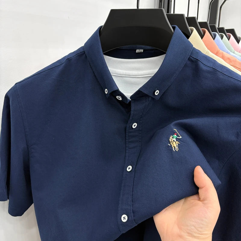 Short Sleeved Shirt Men's Summer New Item Pure Cotton High-end Brand Little Horse Logo Embroidered Casual Shirt