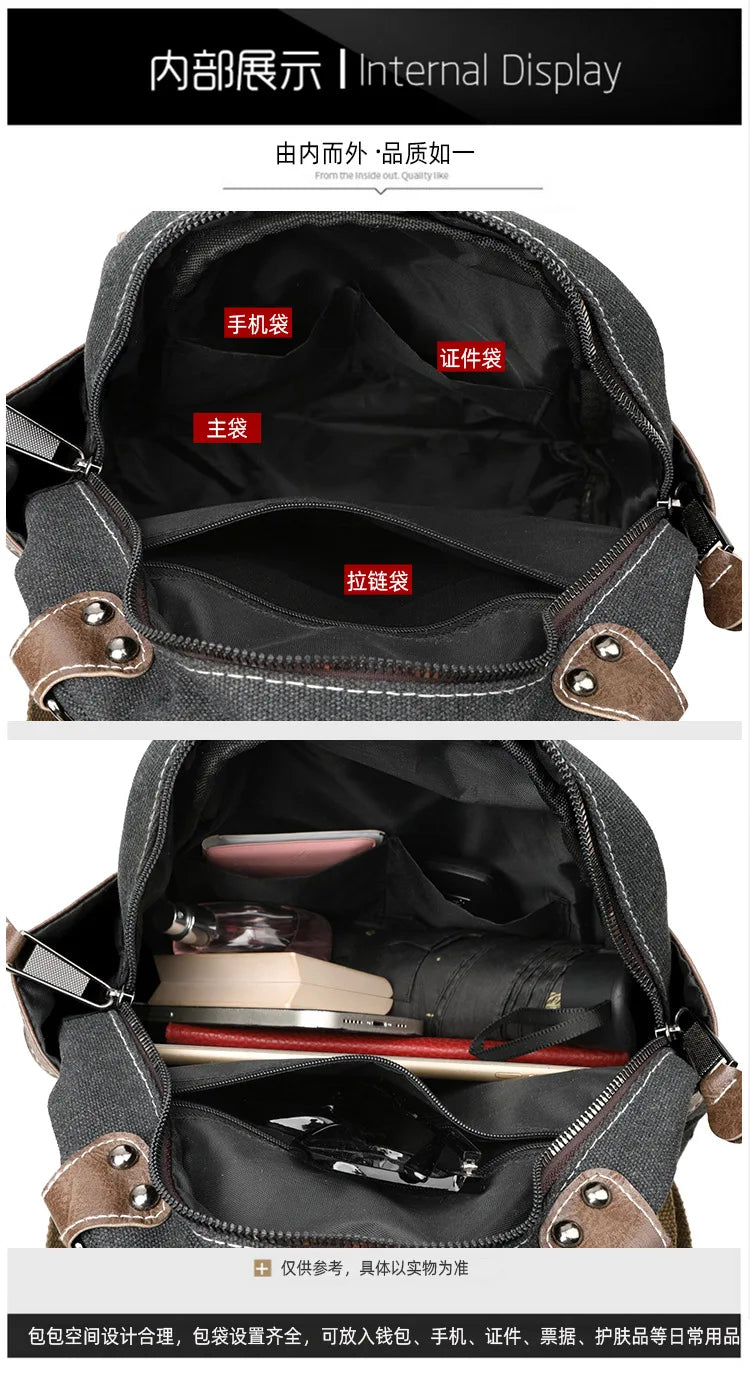 Denim ethnic style embroidered women's double shoulder bag, color-matched large capacity backpack, multi-purpose crossbody bag