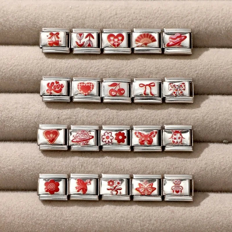 Fashion Red Series Heart Flower Bowknot Cherry Women Men Charm Link fit 9mm Stainless Steel Italian Bracelet Making DIY Jewelry