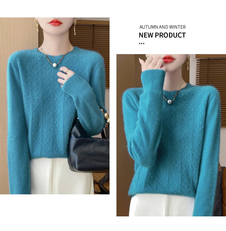 Fall/Winter 2024 New Women's Sweater 100% Pure Wool Lotus Collar Solid Color Loose Knitted Cashmere Pullover