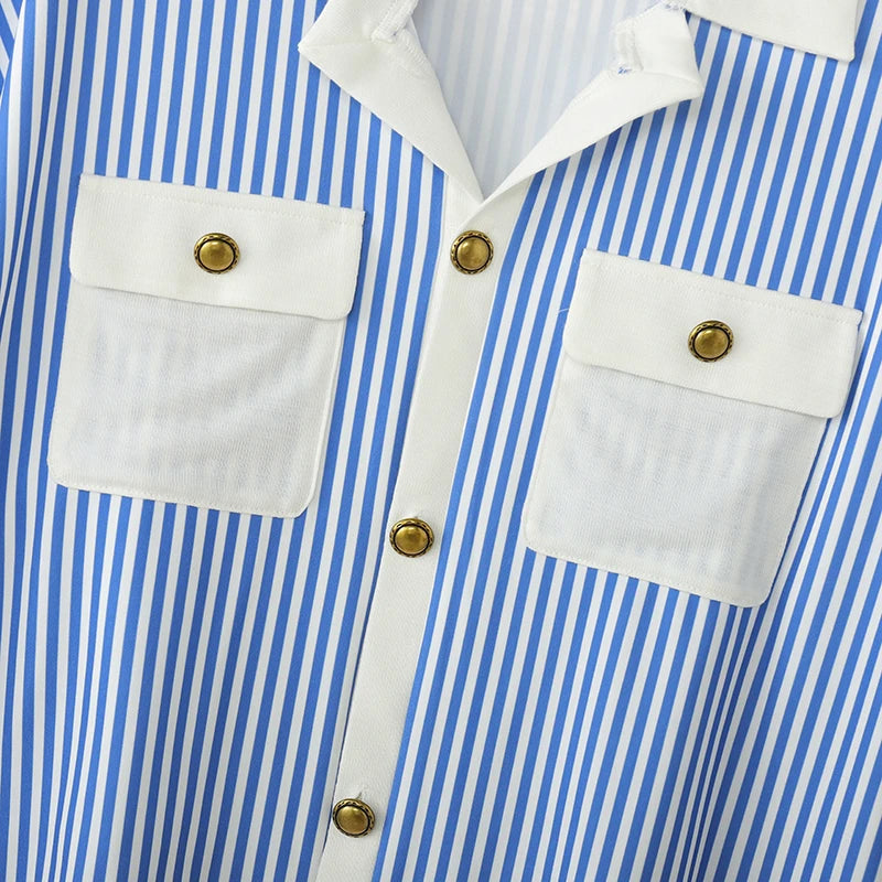INCERUN Men Shirt Striped Patchwork Lapel Short Sleeve Casual Men Clothing Summer Color-block Fashion Leisure Tops Male Shirts
