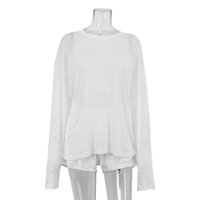Tossy Casual White 2 Piece Set Women Summer Lounge Wear Loose Long Sleeve Pullover Top And High Waist Shorts Beach Outfits 2026