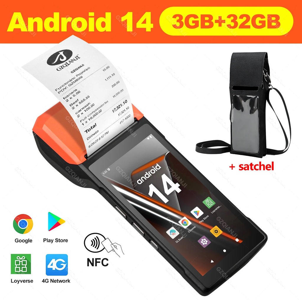 4G Android 14 Upgrade POS Terminal with NFC Handheld Thermal 58mm POS Printer 1D 2D Barcode Scanner All in One for Business