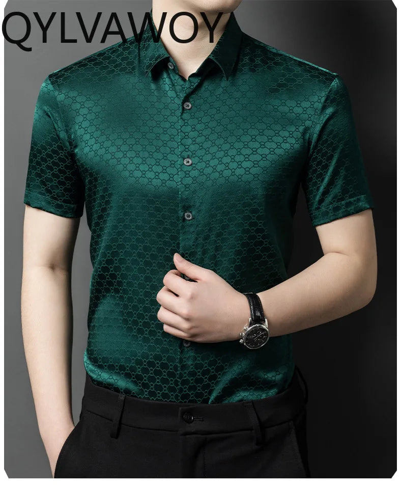 QYLVAWOY New Men's Shirts Summer Tops 92% Real Mulberry Silk Shirts Lapel Short Sleeve Stylish Clothes for Man Business Casual